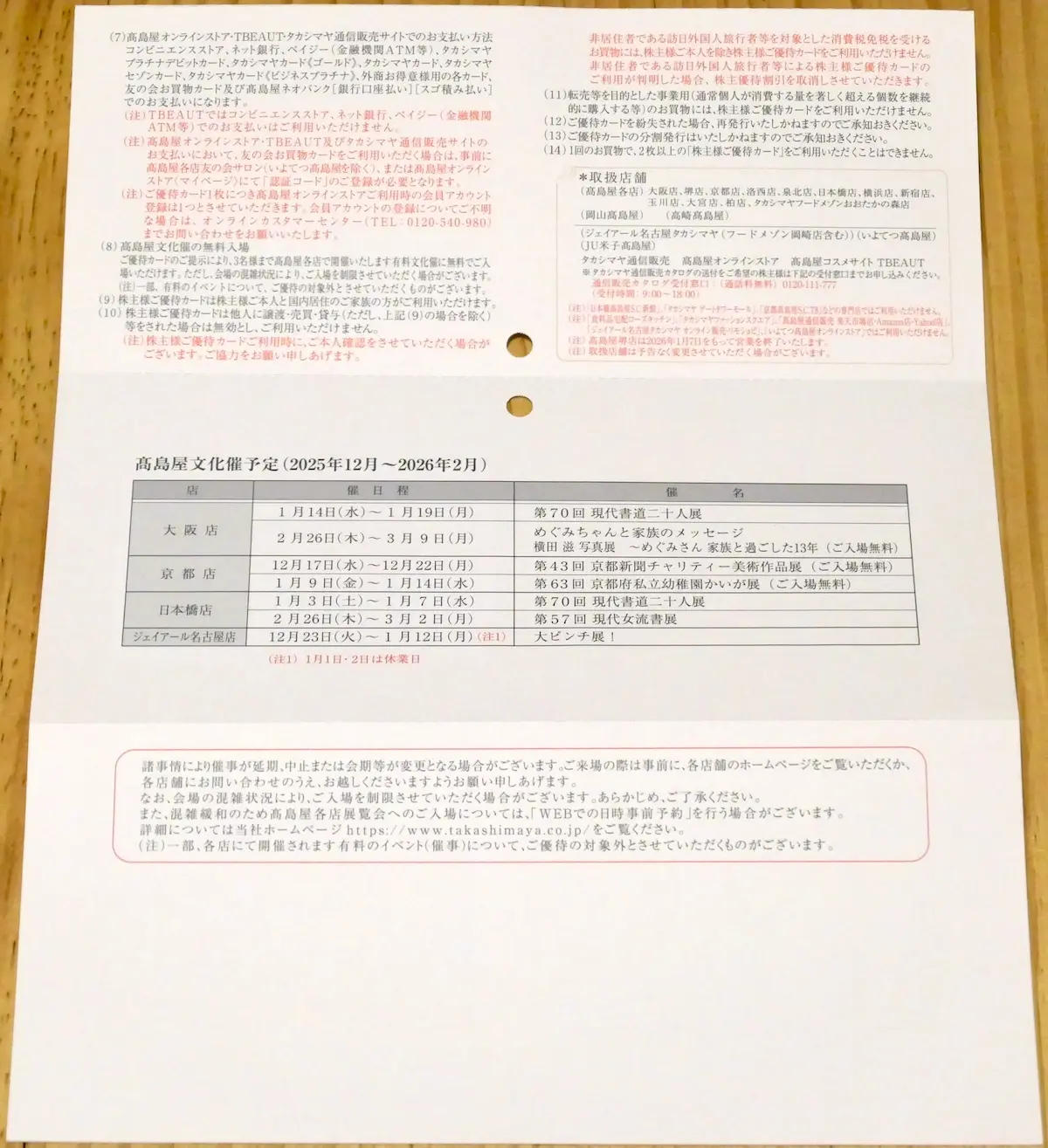 優待カードが挟まっている用紙(裏)