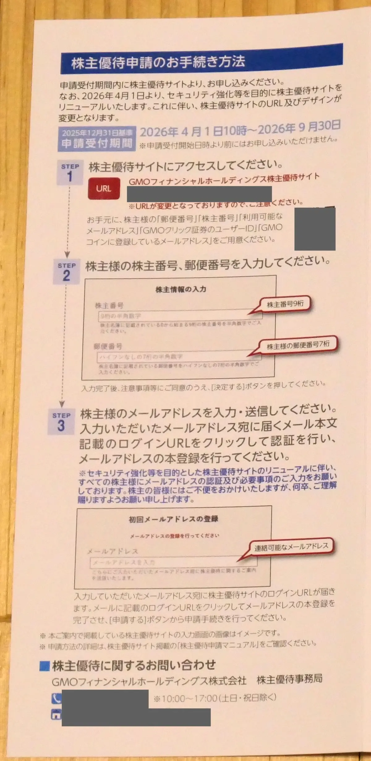 冊子内の株主優待の手続き方法