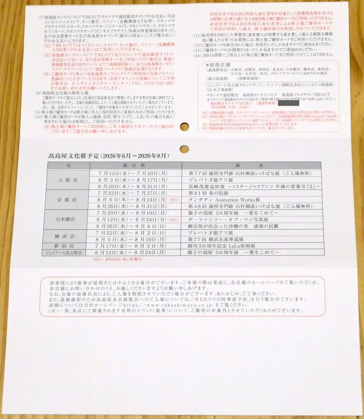 優待台紙(裏)