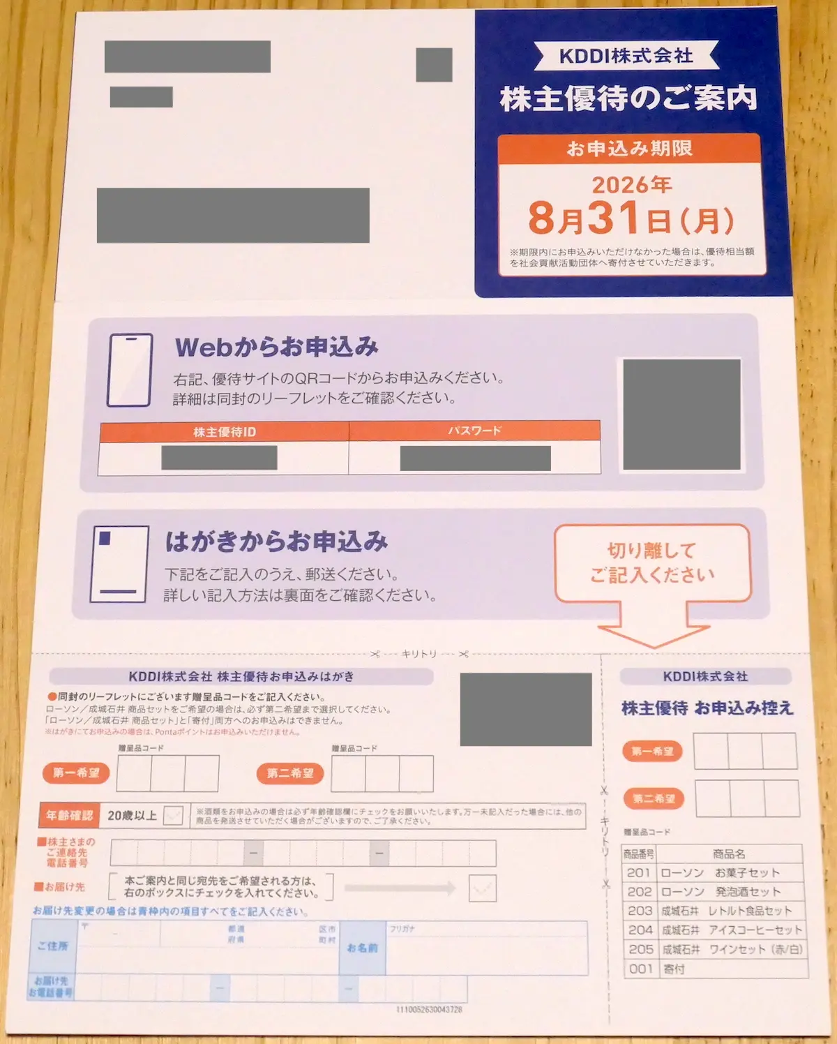 株主優待案内の表