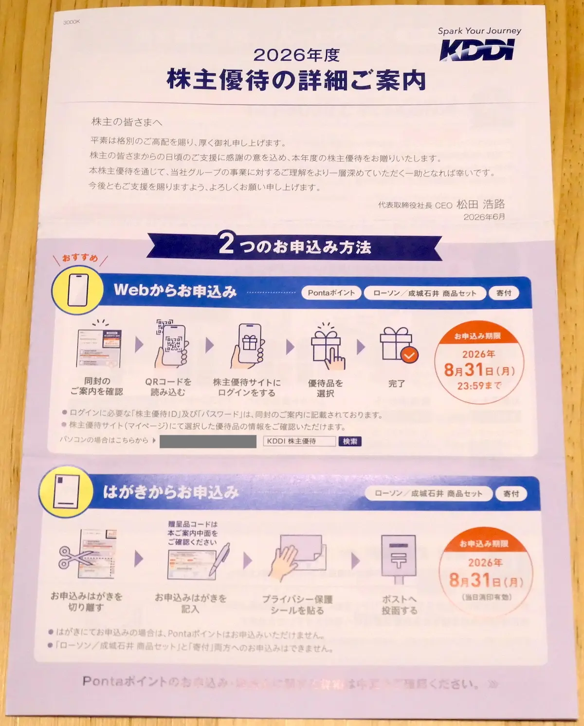 株主優待案内の冊子 1ページ目