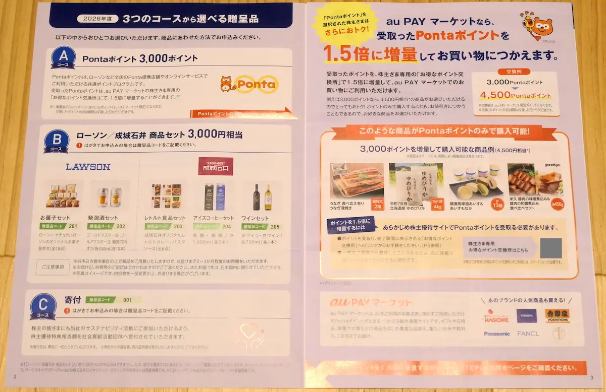 株主優待案内の冊子 2〜3ページ目